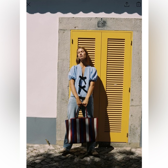 Zara Denim Navy Blue Bow Linen Blouse - NWT - Picture 4 of 8